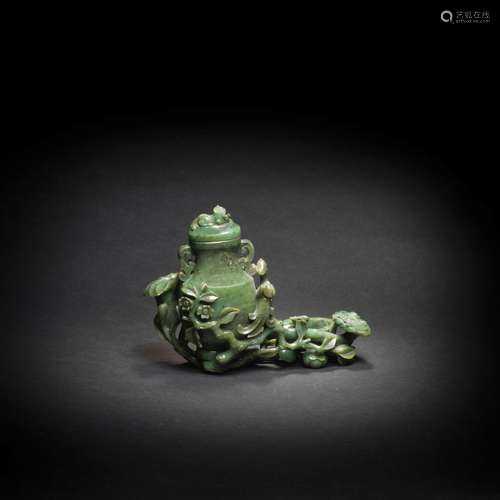 A VERY FINE SPINACH-GREEN JADE VASE, COVER AND WATERPOT GROU...