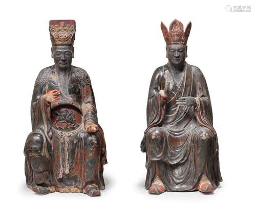 A RARE LARGE PAIR OF LACQUERED WOOD FIGURES OF DIGNITARIES S...