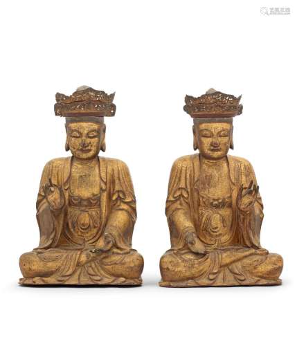 A RARE PAIR OF LARGE GILT-LACQUERED WOOD FIGURES OF BODDHISA...