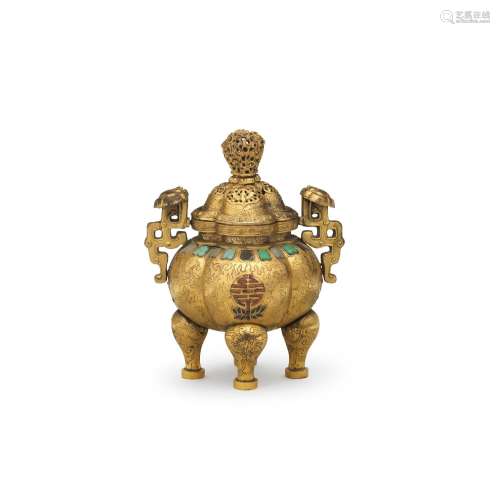 A CORAL AND JADEITE-INLAID GILT-BRONZE INCENSE BURNER AND CO...