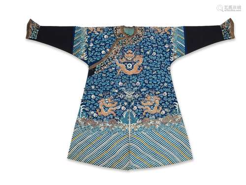 A RARE BLUE-GROUND EMBROIDERED SILK 'DRAGON' ROBE, JIFU Circ...