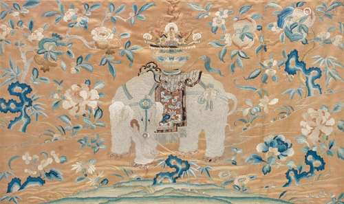 AN APRICOT-GROUND EMBROIDERED SILK 'ELEPHANT' PANEL 18th/19t...