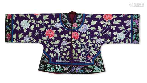 A RARE DEEP-PURPLE-GROUND EMBROIDERED SILK WOMAN'S JACKET La...