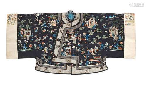 A RARE MIDNIGHT-BLUE-GROUND EMBROIDERED SILK WOMAN'S INFORMA...