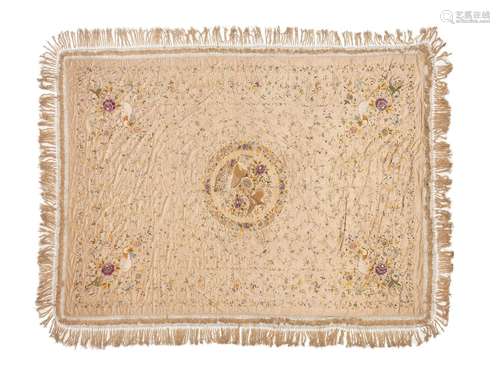 A PALE PINK-GROUND EMBROIDERED SILK COVERLET 19th century