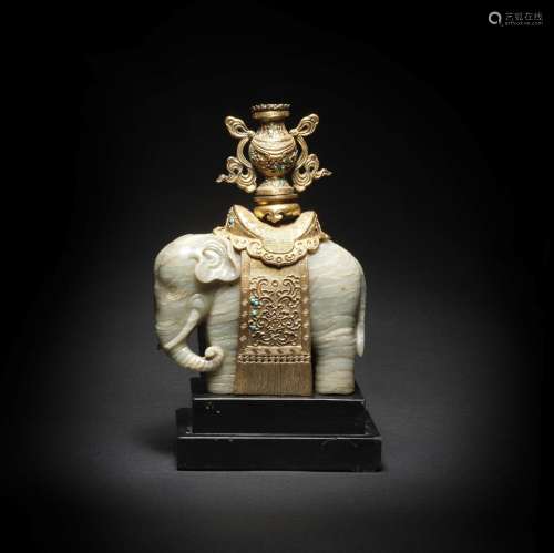 A RARE PALE GREEN JADE ELEPHANT WITH A GILT-BRONZE TURQUOISE...