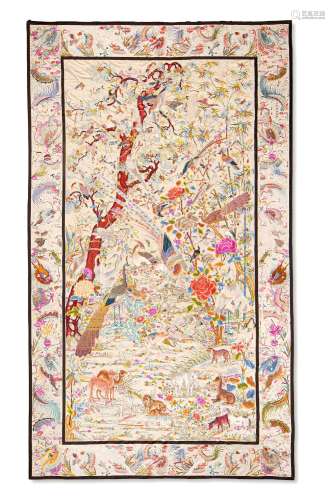 AN EXTREMELY LARGE CREAM-GROUND SILK EMBROIDERED 'HUNDRED BI...