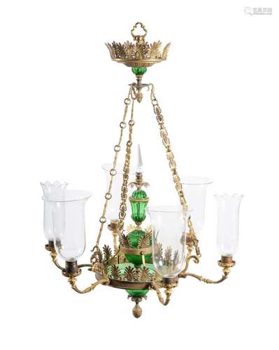 A SWEDISH GILT METAL AND GREEN PRESS MOULDED GLASS CHANDELIE...