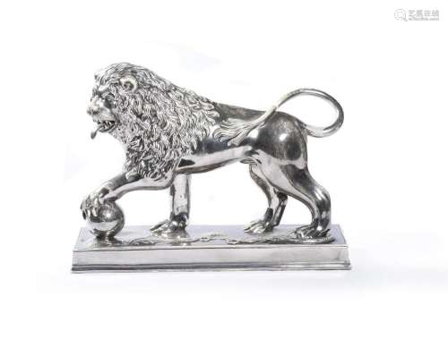 A STAFFORDSHIRE SILVERED PEARLWARE MODEL OF A MEDICI LION
