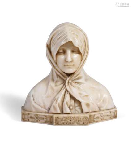 A LATE 19TH CENTURY MARBLE BUST OF A CLOAKED GIRL