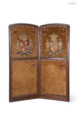 AN OAK FRAMED, VELVET, AND EMBROIDERED TWO FOLD ROOM SCREEN