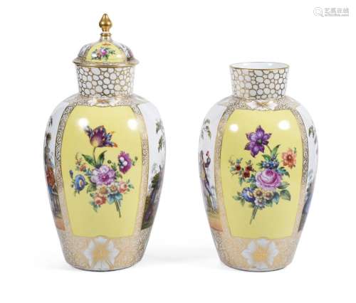 A PAIR OF DRESDEN OVOID VASES AND A COVER