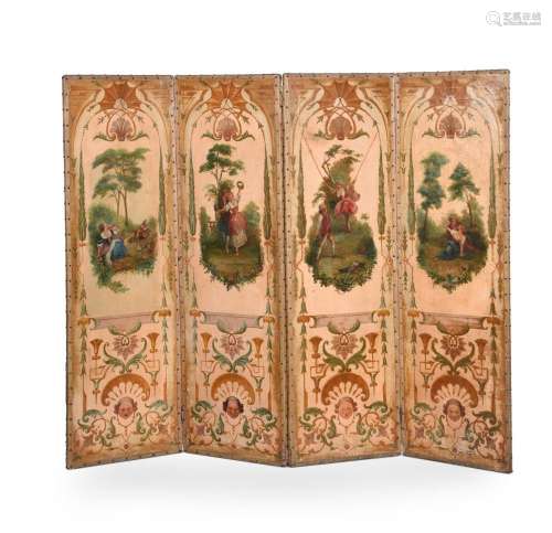 A FOUR-FOLD PAINTED LEATHER ROOM SCREEN