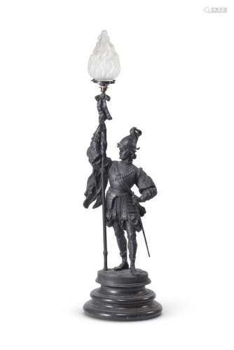 A CONTINENTAL SPELTER LAMP IN THE FORM OF A 17TH CENTURY MAN...