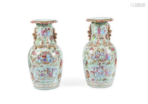 A PAIR OF CANTONESE CELADON GROUND VASES