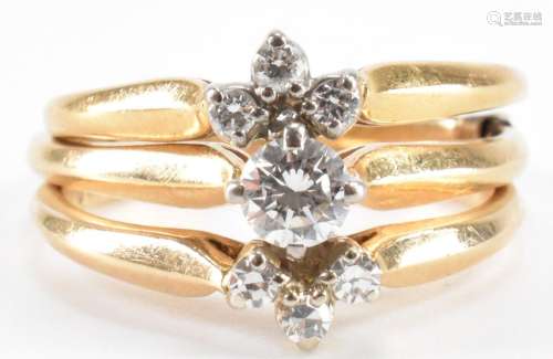 THREE VINTAGE GOLD & DIAMOND STACKING RINGS