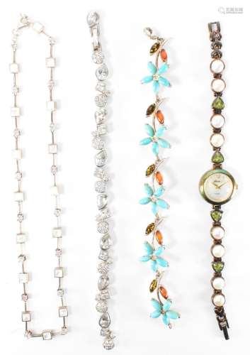 GROUP OF SILVER JEWELLERY - GEMS WATCH - AMBER & TURQUOI...