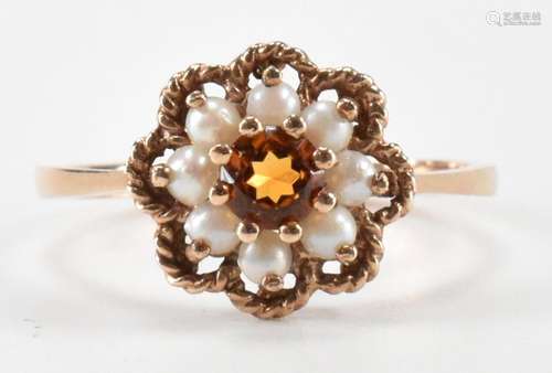 HALLMARKED 9CT GOLD CITRINE & HALF PEARL CLUSTER RING