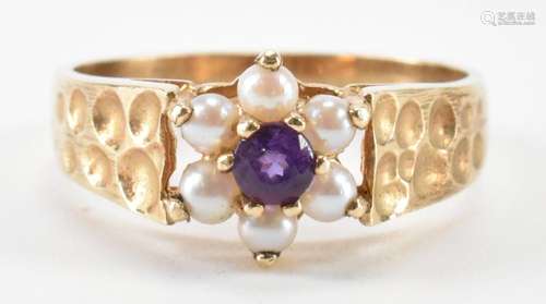 HALLMARKED 9CT GOLD AMETHYST & PEARL RING