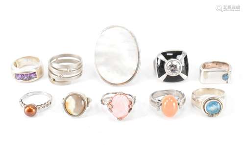 GROUP OF TEN SILVER STONE SET RINGS