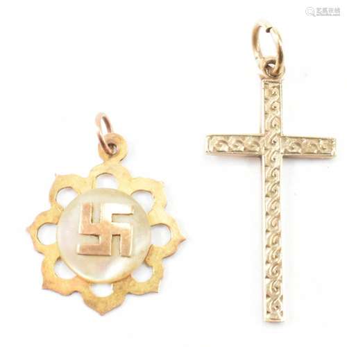 TWO VINTAGE GOLD PENDANTS - CRUCIFIX & SWASTIKA