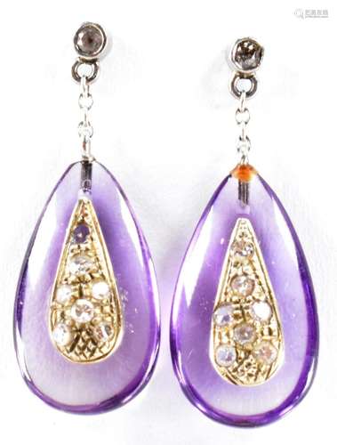 PAIR OF VINTAGE AMETHYST DIAMOND & WHITE STONE DROP EARR...