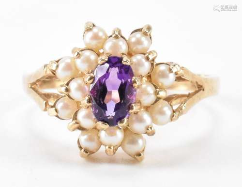 HALLMARKED 9CT GOLD AMETHYST & SEEDPEARL RING