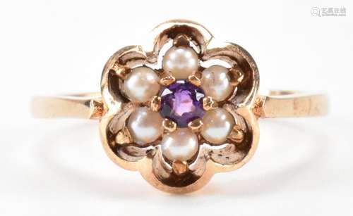 HALLMAKRED 9CT GOLD AMETHYST & SEED PEARL RING