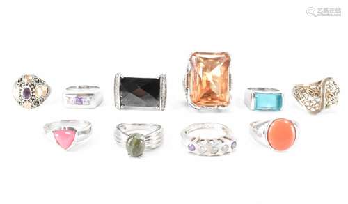 TEN SILVER ASSORTED STONE SET RINGS