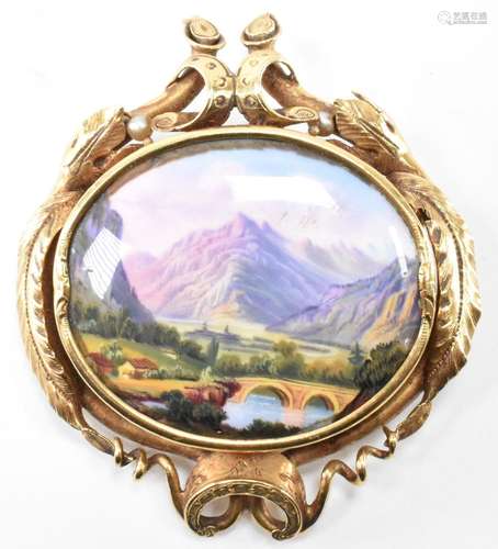 VICTORIAN GOLD SWISS LANDSCAPE SCENE BROOCH PIN