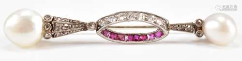 EDWARDIAN NATURAL PEARL DIAMOND & RUBY BROOCH