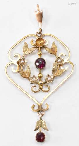 ART NOUVEAU SEED PEARL & GARNET PENDANT