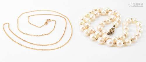 9CT GOLD NECKLACE CHAIN & CULTURED PEARL NECKLACE