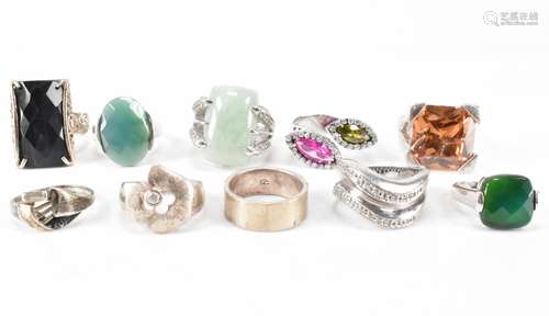 TEN SILVER STONE SET DRESS RINGS