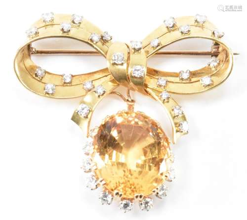 GOLD DIAMOND & CITRINE BOW BROOCH