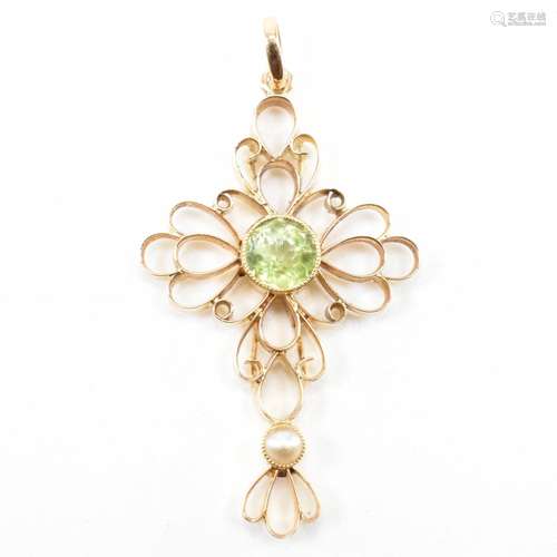 GOLD PERIDOT & SEED PEARL CROSS PENDANT