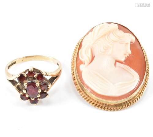 HALLMARKED 9CT GOLD & GARNET RING & CAMEO BROOCH