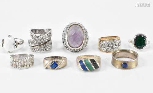 GROUP OF NINE SILVER & STONE SET RINGS