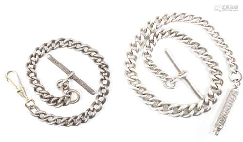 TWO SILVER ANTIQUE SILVER POCKET WATCH CHAINS