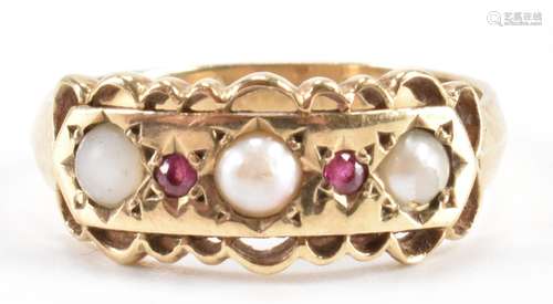 HALLMARKED 9CT GOLD RUBY & CULTURED PEARL RING