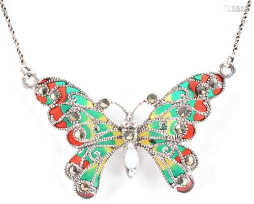 SILVER PLIQUE A JOUR OPAL & MARCASITE BUTTERFLY NECKLACE