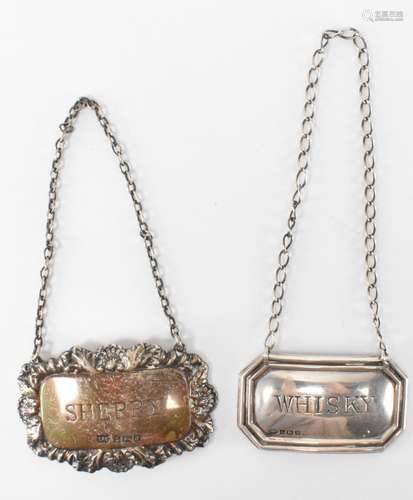 TWO SILVER HALLMARKED DECANTER LABELS