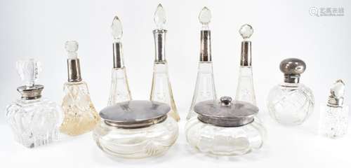 GROUP OF EDWARDIAN SILVER COLLARED SCENT BOTTLES