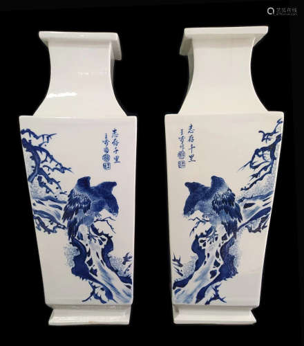A pair of Wangbu blue and white flower and bird square vase,...