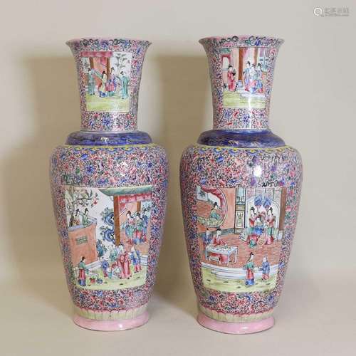 A pair of Chinese export Canton painted enamel vases,