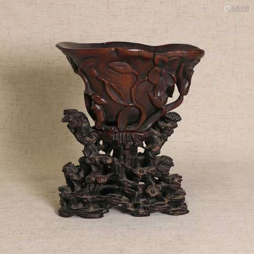 A Chinese rhinoceros horn libation cup,