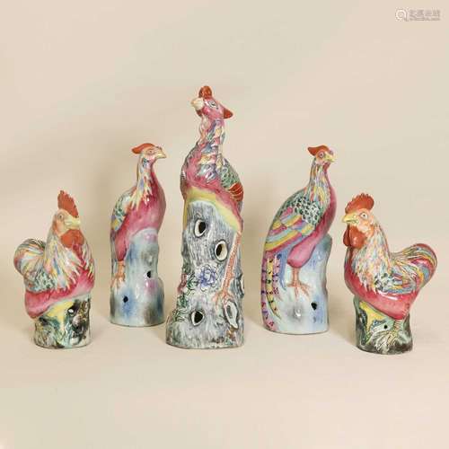 A collection of three Chinese famille rose phoenixes,