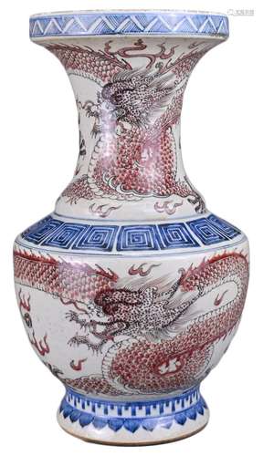 A CHINESE UNDERGLAZE BLUE AND RED DRAGON VASE