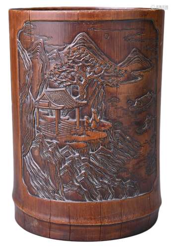 A CARVED BAMBOO BRUSH POT, 19TH CENTURY