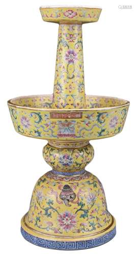 A CHINESE YELLOW-GROUND FAMILLE ROSE PORCELAIN CANDLE STICK,...